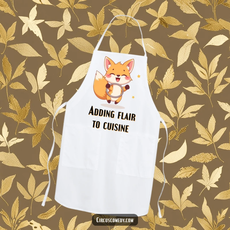 Funny fox apron, a joyful fox catching rings with a hoop, humorous kitchen wear.