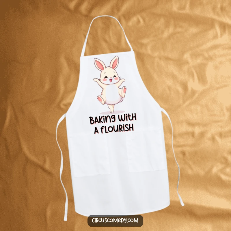 Funny apron graphic of a fluffy bunny performing a cartwheel with a flourish, perfect for adding bouncy fun to cooking.