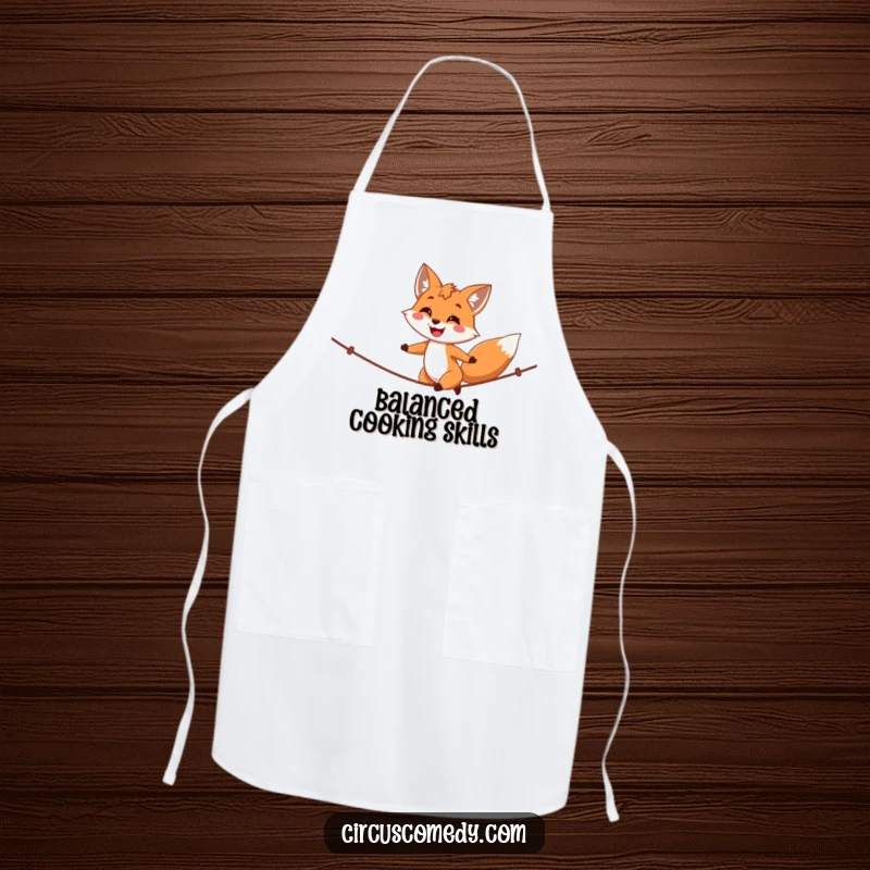 Funny fox apron, a happy fox walking a tightrope with a proud smile, a humorous and functional kitchen accessory.