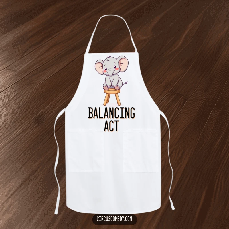Funny apron featuring a determined elephant balancing on a small stool, ideal for kitchen fun and playful cooks.
