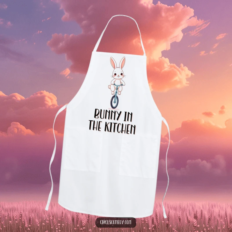 Funny rabbit apron, a determined rabbit balancing on a unicycle, humorous and functional kitchen wear.