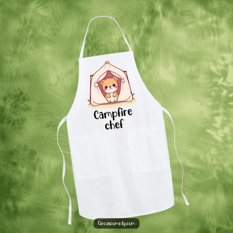 Funny apron with a playful animal peeking out from a miniature tent, perfect for humorous kitchen adventures.