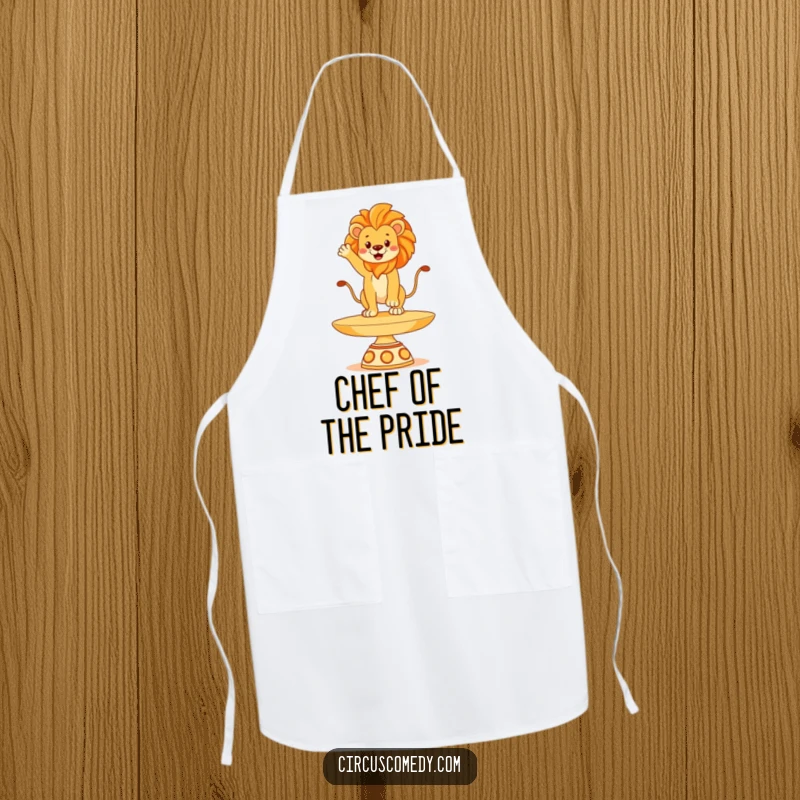 Funny lion apron, balancing regally on a plate while cooking, bringing majestic humor to the kitchen, a practical and witty apron.