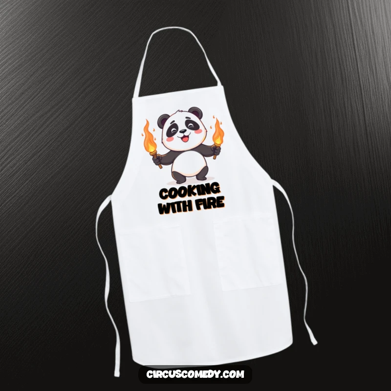 A happy panda juggling flaming torches, a humorous and practical apron for a daring chef.