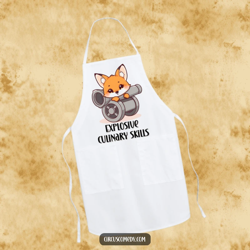 Funny curious fox peeking from a cannon, ready for kitchen adventures, a humorous and practical apron.