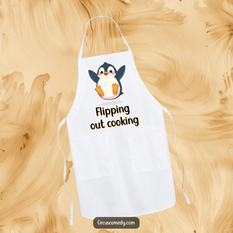 Funny apron designed with a penguin waddling comically while doing a somersault, perfect for cooking or baking with a humorous touch.