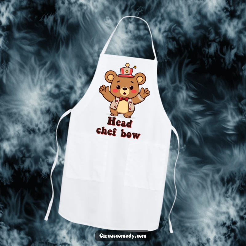 Funny Apron: A triumphant bear wearing a ringmaster hat, taking a bow in the kitchen.