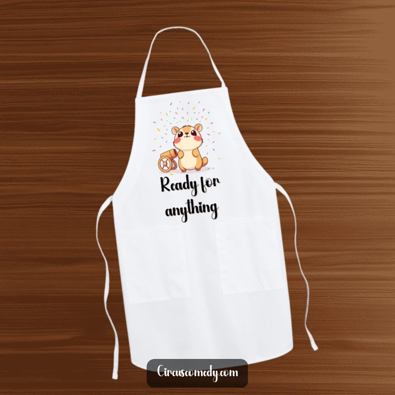 Funny apron featuring a surprised animal caught in a confetti cannon blast, ideal for a humorous cooking experience.