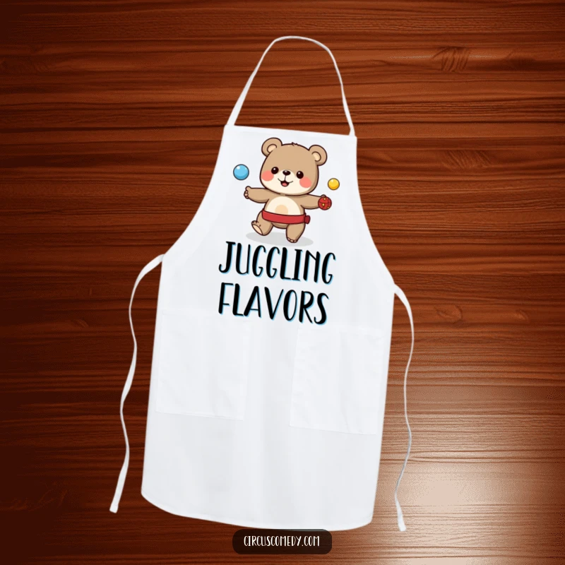 Funny apron with a cute bear juggling colorful balls in the center ring, perfect for kitchen spectacle.
