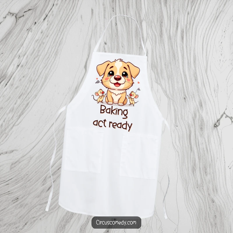 Funny Apron: A silly dog with a clown nose, comically juggling three tiny mice while cooking.