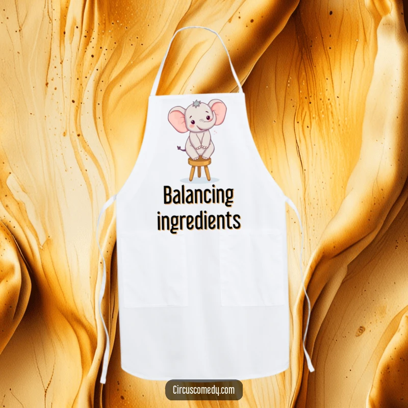 Funny apron showing a happy elephant expertly balancing on a tiny stool while holding cooking utensils with a smile.