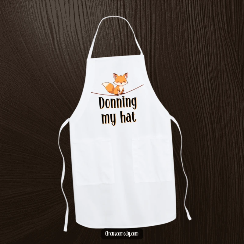 Funny fox apron, walking a tightrope with confidence while cooking, bringing daring humor to the kitchen, a practical and witty apron.