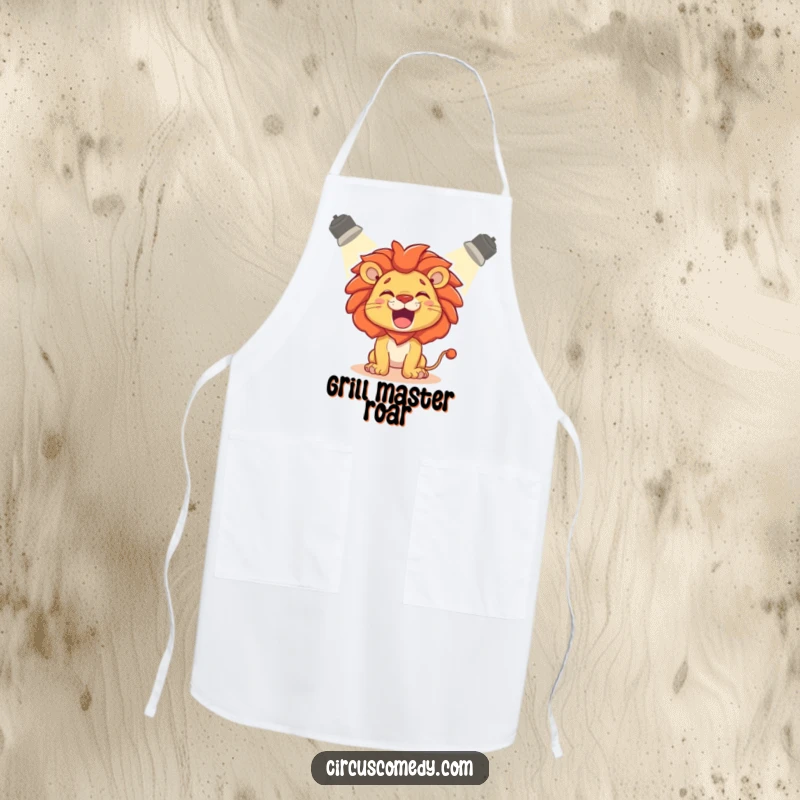 Funny Apron: A delighted lion roaring playfully in a spotlight, ready to cook.