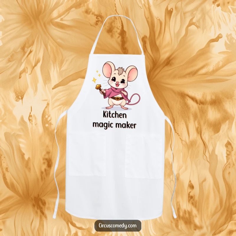 Funny mouse performing a magic trick with a wand, featured on a practical apron for enchanting kitchen adventures.