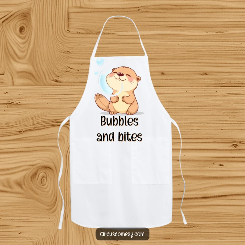 Funny apron designed with a giggling otter blowing a huge bubble, perfect for kitchen use or themed parties, adding playful flair.