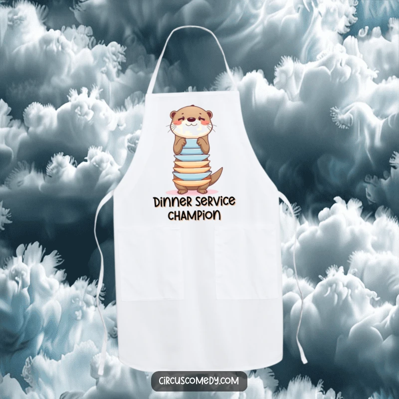 Funny otter balancing a stack of plates while cooking, on a kitchen apron, humorous culinary accessory.