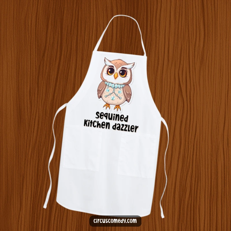 Funny owl in a sequined costume blinking while cooking, on a kitchen apron, humorous culinary accessory.