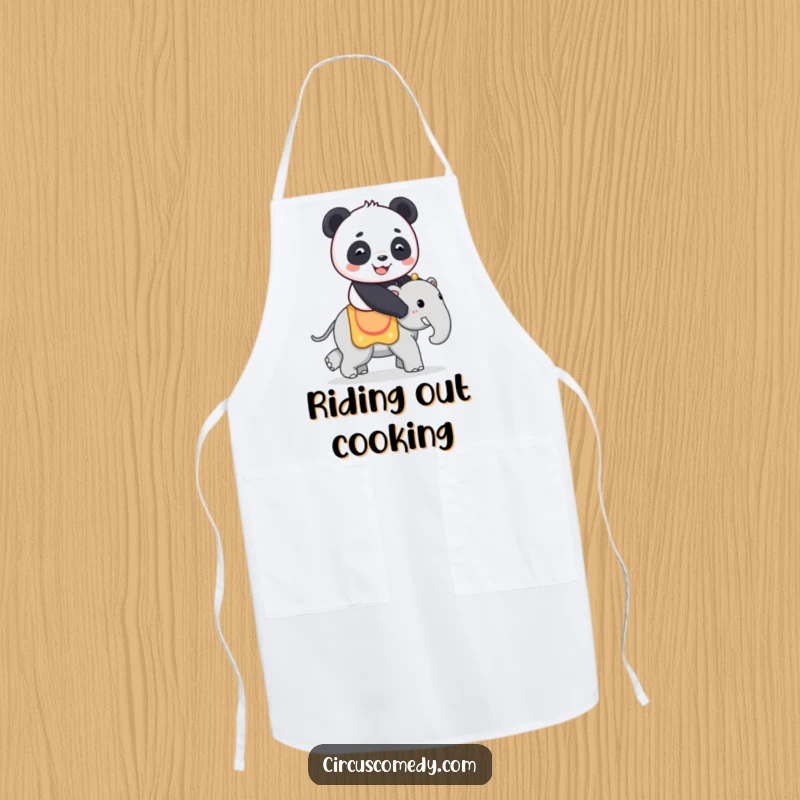 Funny apron designed with a smiling panda riding a small circus elephant, adding a charming and humorous touch to kitchen activities.