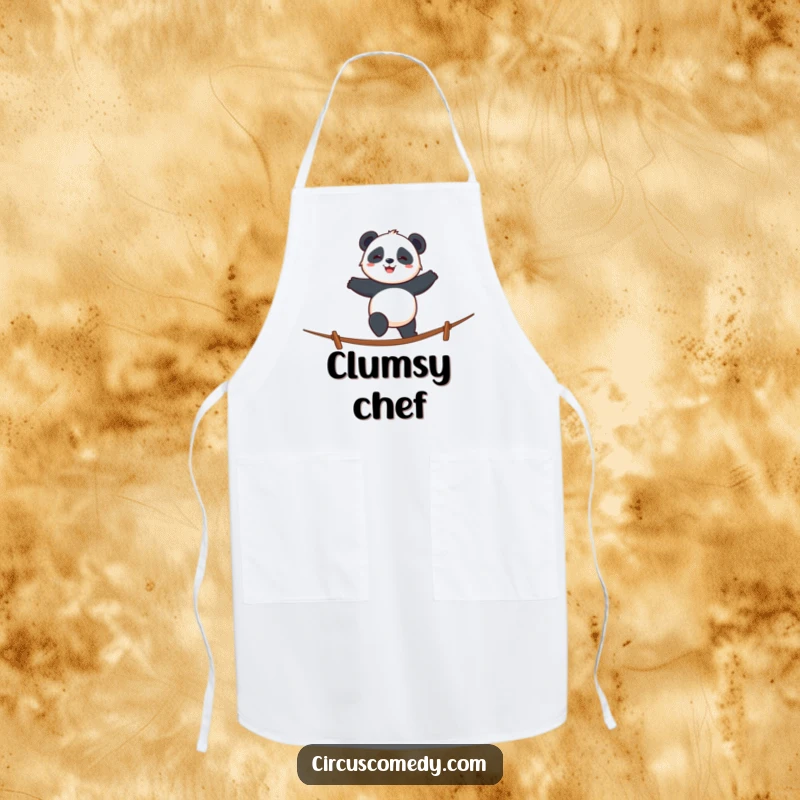 Funny panda apron showing a smiling panda walking a tightrope with cheerful determination, perfect for cooking.