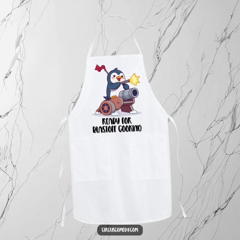 Funny penguin apron, a brave penguin shooting from a cannon while cooking, humorous kitchen wear.