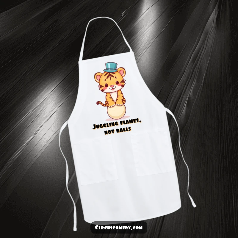 Funny apron graphic of a cute tiger with a tiny top hat, balancing on a ball, ready to add fun to cooking.