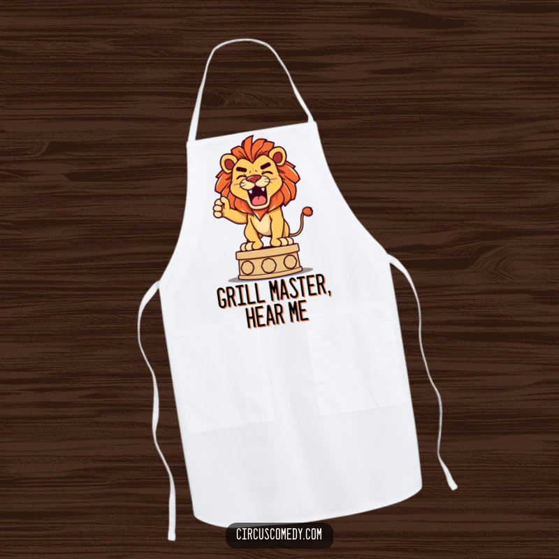 Funny apron graphic of a determined lion playfully roaring from a pedestal, perfect for adding courageous fun to cooking.