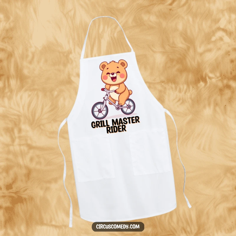 Funny bear riding a unicycle while cooking, a big smile, on a kitchen apron, humorous culinary accessory.