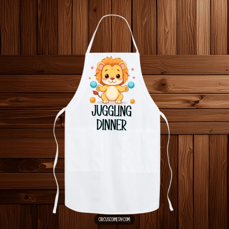 Funny apron showing a cute lion in a chef's hat, juggling kitchen utensils with skill and comedic timing.