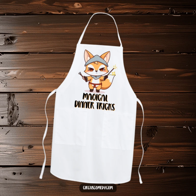 Funny Fox Magician Apron: A practical apron featuring a determined fox performing a magic trick with a wand, ideal for a magical kitchen.