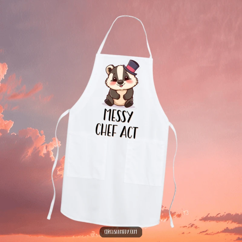 Funny badger apron showing a silly badger in a tiny top hat, tumbling with a comical expression, adding playful energy to kitchen tasks.