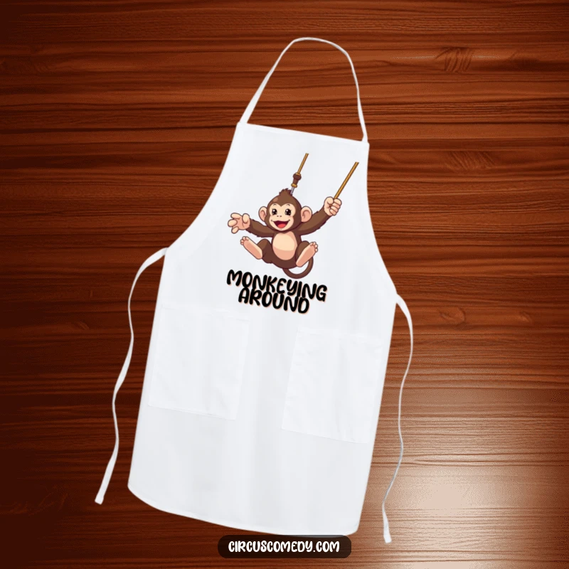 Funny apron featuring a determined monkey swinging from a trapeze, perfect for adding excitement to kitchen tasks.