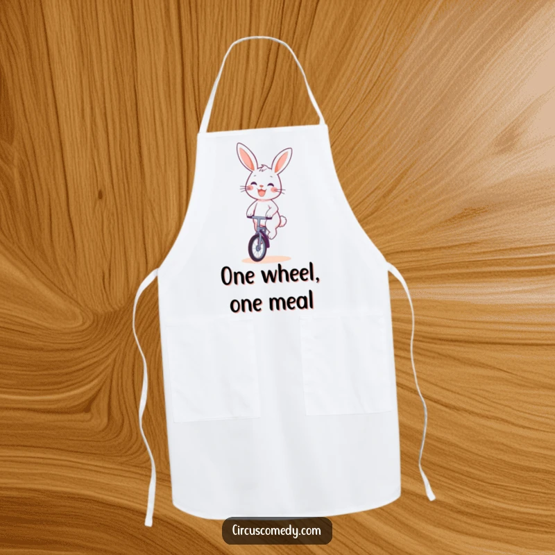 Funny Rabbit Unicyclist Apron: A practical apron featuring a cheerful rabbit riding a unicycle, perfect for adding fun to cooking.