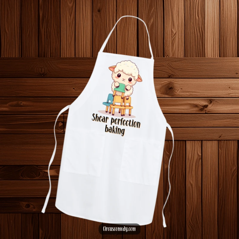 Funny fluffy sheep balancing a stack of small chairs, featured on a practical apron for amusing kitchen tasks.