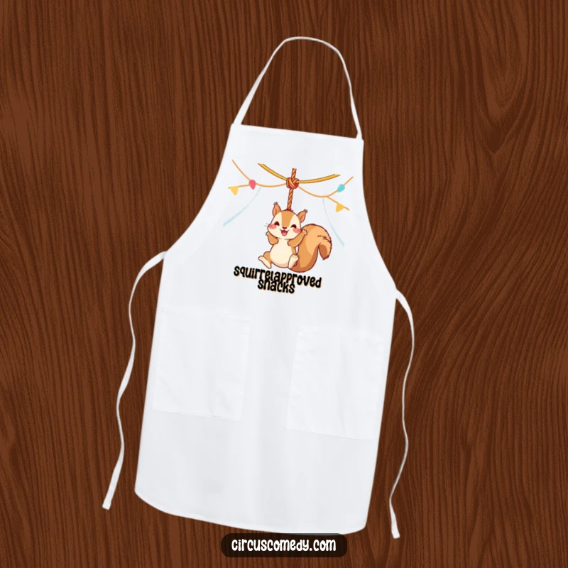 Funny squirrel in a circus tent, dynamically swinging from a rope, featured on a practical apron for cooking fun.