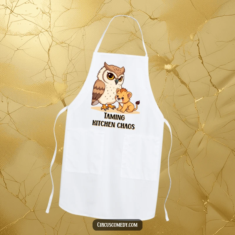 Funny apron showing a determined owl attempting to gently guide a tiny lion cub, perfect for cooking or baking with a humorous touch.