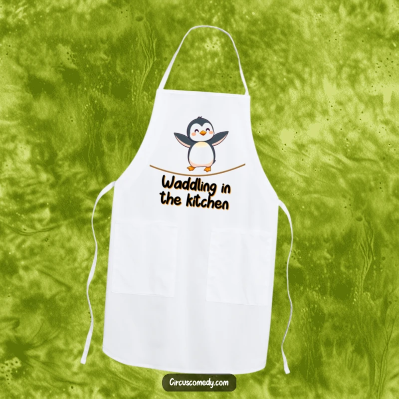 Funny Penguin Tightrope Apron showing a curious penguin with outstretched wings walking a tightrope while cooking, adding whimsy to the kitchen, a funny gift.