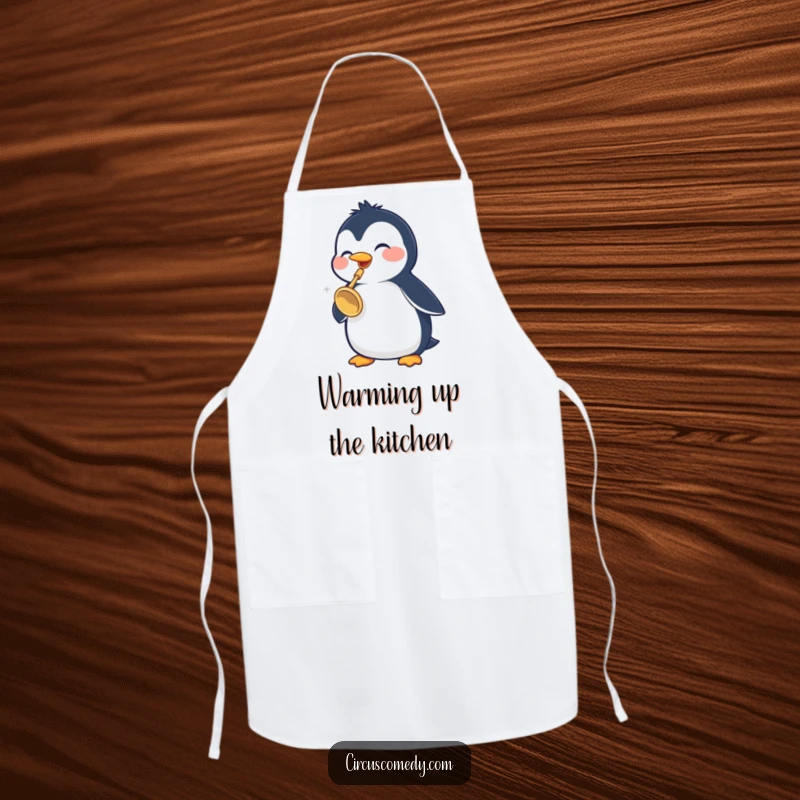 Funny Penguin Apron: This cheerful penguin plays a tiny trumpet, adding a humorous and musical flair to your cooking attire as a protective and funny gift.