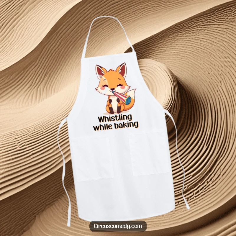 Funny fox apron showing a cheerful fox blowing a large bubble from a giant circus whistle, adding playful energy to kitchen tasks.