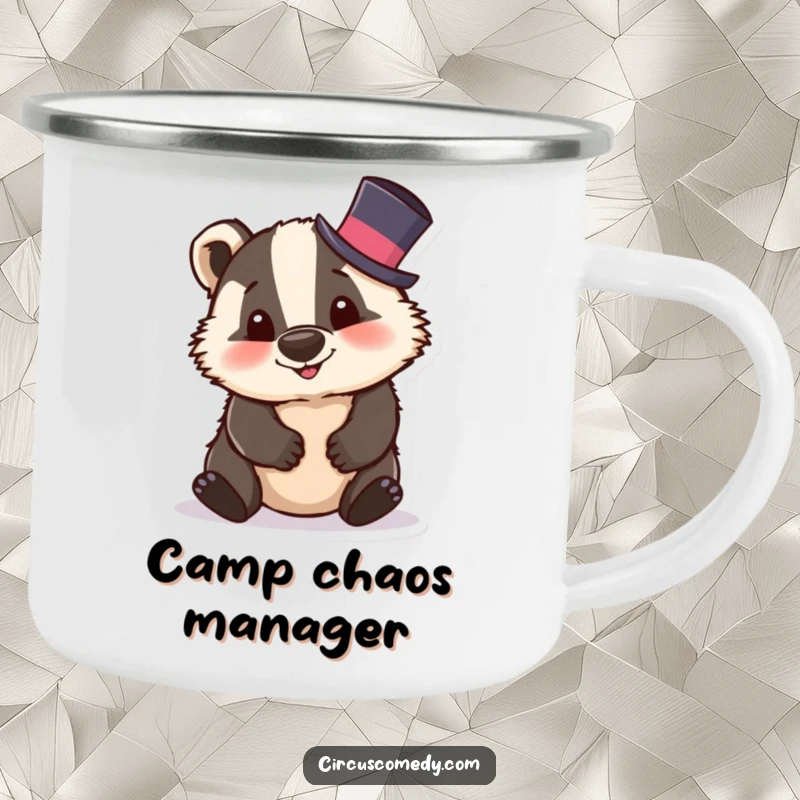 Funny badger camping mug showing a silly badger in a tiny top hat, tumbling, built for rugged fun and outdoor enjoyment.