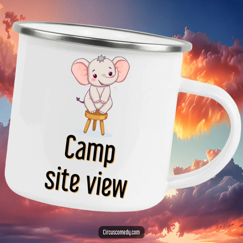 Funny camping mug with a happy elephant balancing on a stool, ready for outdoor fun and adding humor.