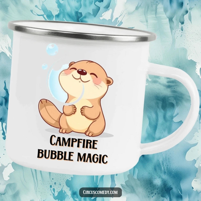 Funny camping mug showing a happy otter giggling while blowing a giant bubble, designed for outdoor enjoyment and adding humor to adventures.