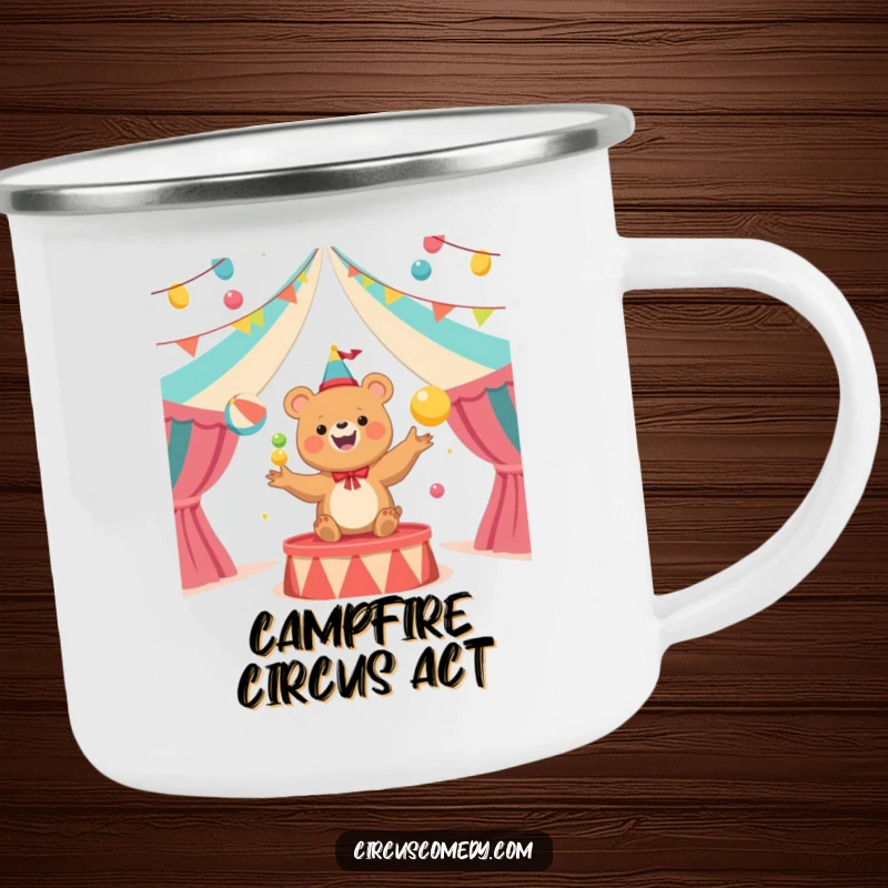Funny Bear Juggler Circus Camping Mug: A sturdy camping mug showcasing a happy bear juggling circus balls, ready for outdoor adventures.