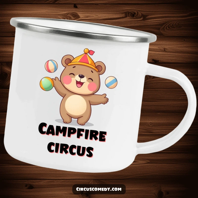 Funny bear baseball camping mug featuring a cute bear juggling colorful circus balls with a happy grin, for outdoors.
