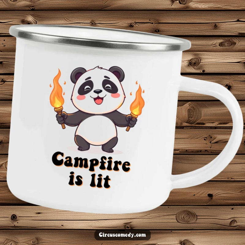 A happy panda juggling flaming torches, a humorous and durable camping mug for outdoor adventurers.