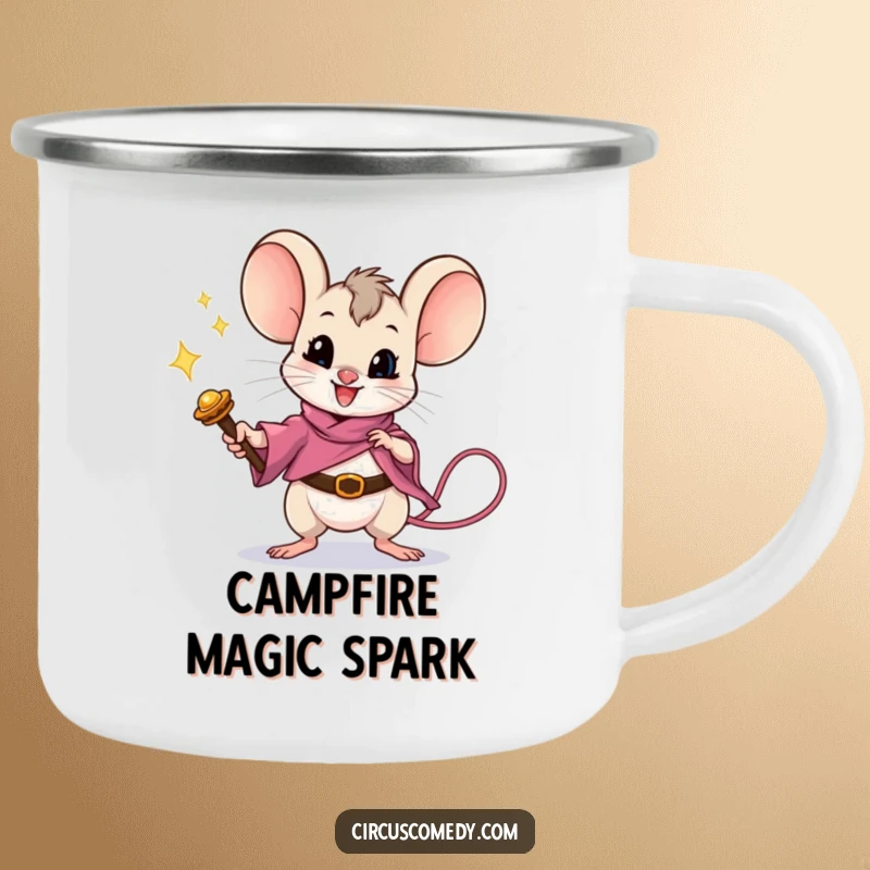 Funny mouse performing a magic trick with a wand, printed on a sturdy camping mug for humorous outdoor enjoyment.