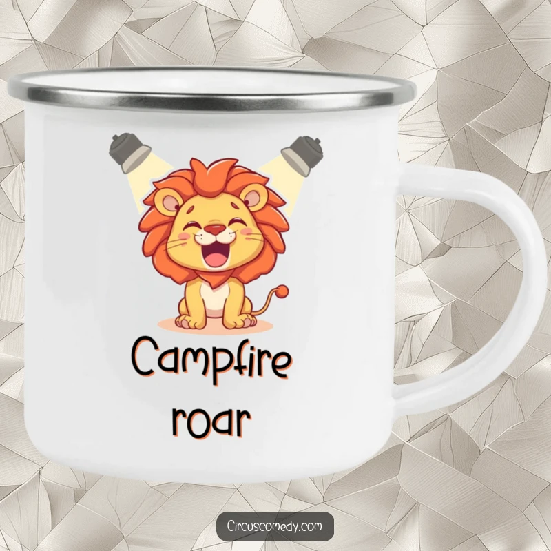Funny Camping Mug: A delighted lion roaring playfully in a spotlight, perfect for outdoor trips.