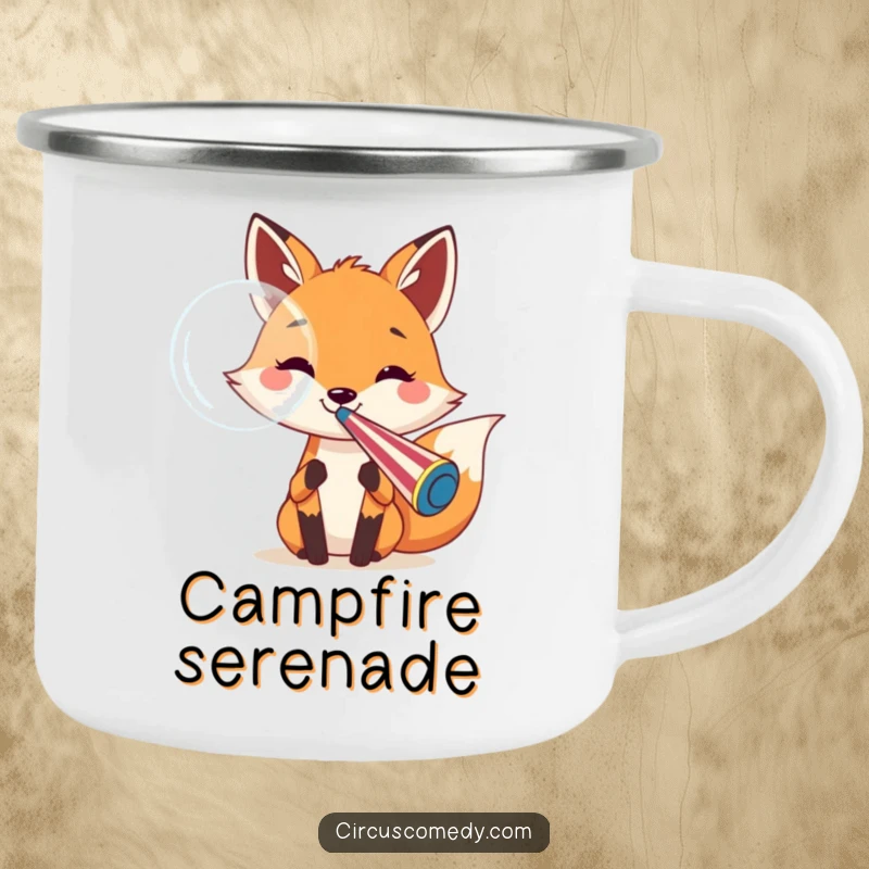 Funny fox camping mug showing a cheerful fox blowing a large bubble from a circus whistle, built for rugged fun and outdoor enjoyment.
