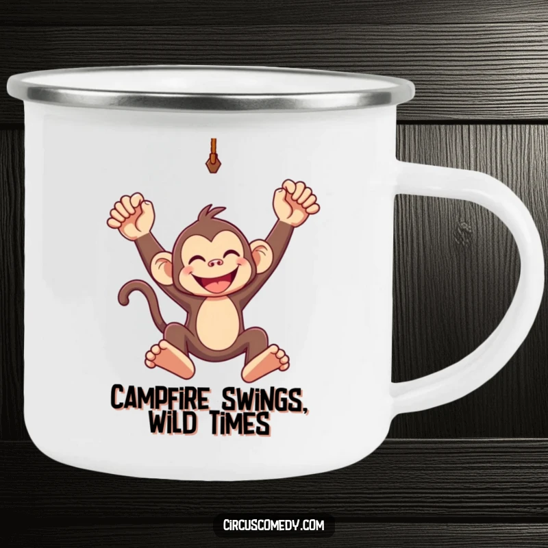 Funny camping mug featuring a grinning monkey swinging from a trapeze, ready for campfire stories and laughter.