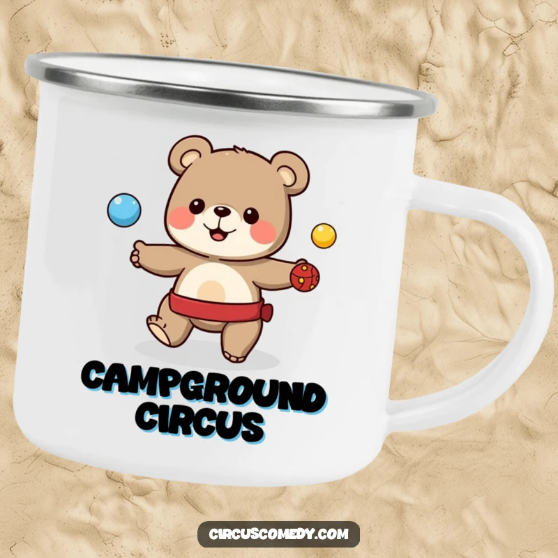 Funny camping mug with a cute bear juggling colorful balls, ideal for circus-themed outdoor fun.