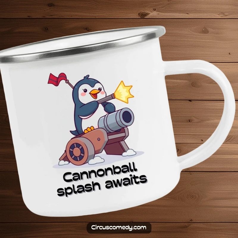 Funny penguin camping mug, a brave penguin shooting from a cannon in an outdoor setting, durable and humorous.